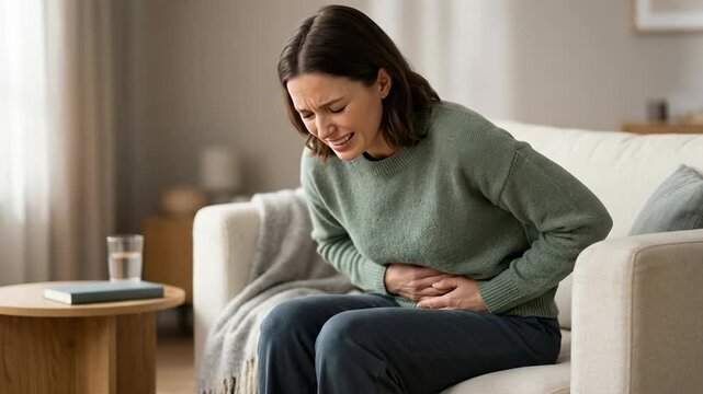 Female discomfort experience: bladder inflammation, pelvic cramp, woman suffer, health problem, internal ache, urinary cystitis, painful symptom, illness burden.