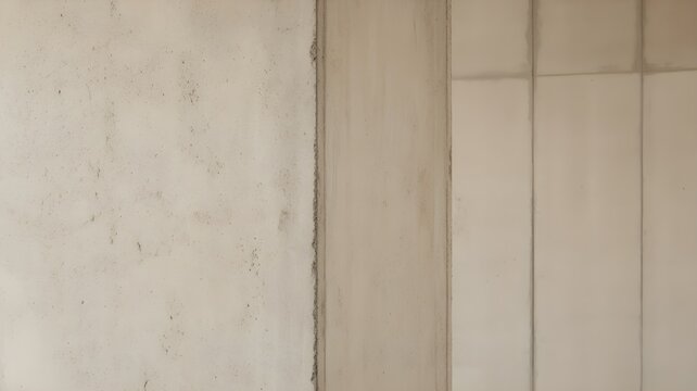 Abstract background of a concrete wall with a vertical textured panel and smooth tiled section, minimalist modern interior design texture