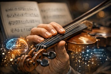 Naklejka premium A person holds a violin and stands in front of an open book, ready to play or learn