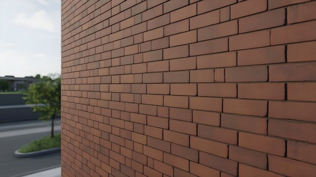 Closeup of a red brick wall exterior with a blurred road and tree in the background, architectural texture and urban building facade design