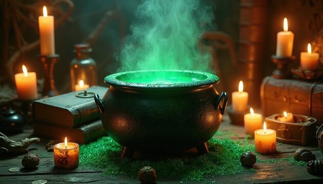 Black iron cauldron boils green magic potion on old wooden table in dark room. Bright glowing smoke rises from pot surrounded by burning candles, vintage books. Scary witch kitchen interior theme for