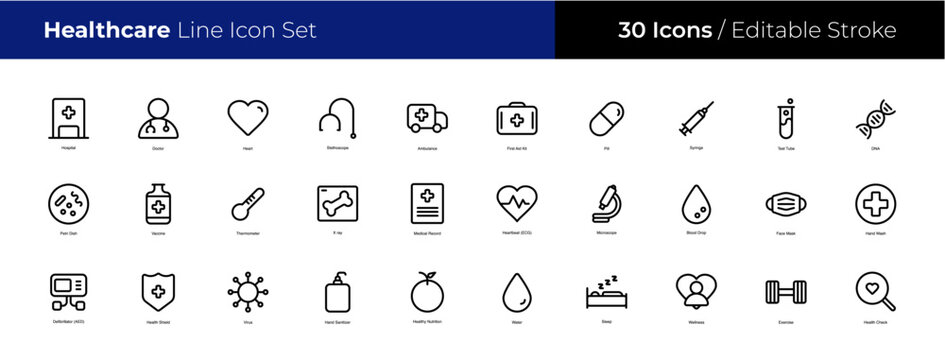 Healthcare Line Icon Set, 30 Editable Stroke Healthcare Outline Vector Icons