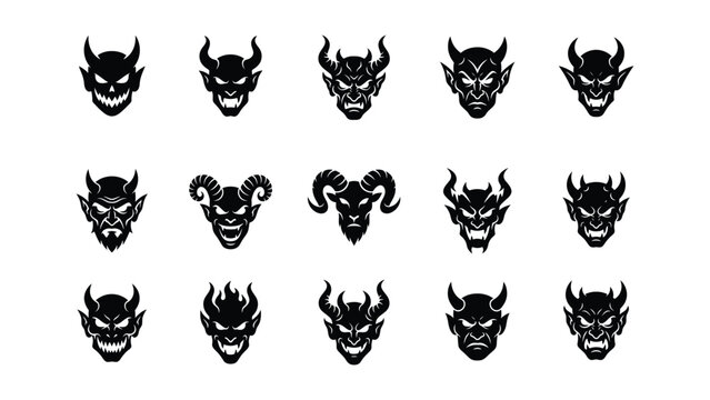 A variety of devil and demon faces isolated on white background. Ideal for horror or fantasy character design concepts.