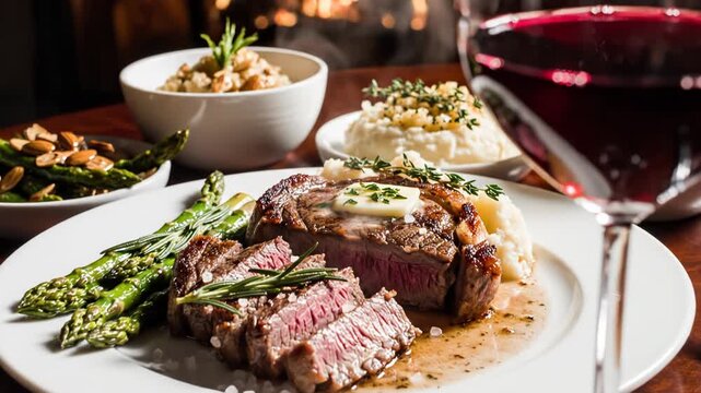 Sliced medium-rare beef steak with melting herb butter served with grilled asparagus, mashed potatoes, and red wine glass on a wooden table near a warm fireplace background.