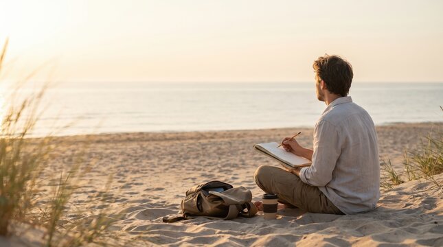 Person draws at the beach during sunset while sitting on the sand with a backpack nearby