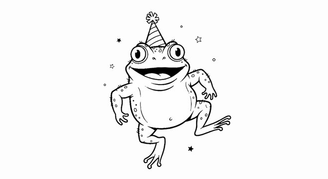 Cartoon frog wearing party hat line art illustration