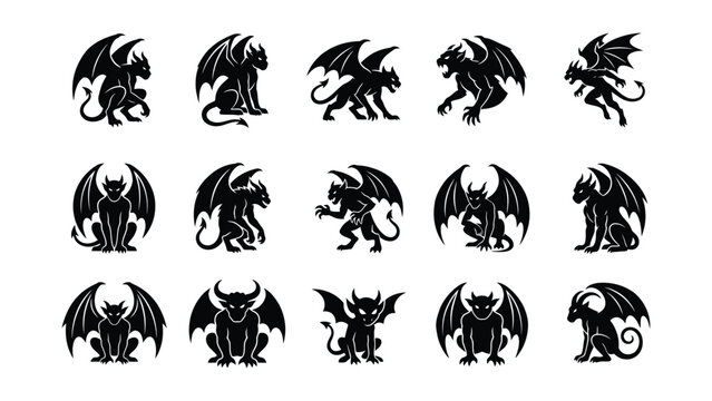 Set of stone gargoyle silhouettes isolated on white background. Perfect for gothic architecture and fantasy design.