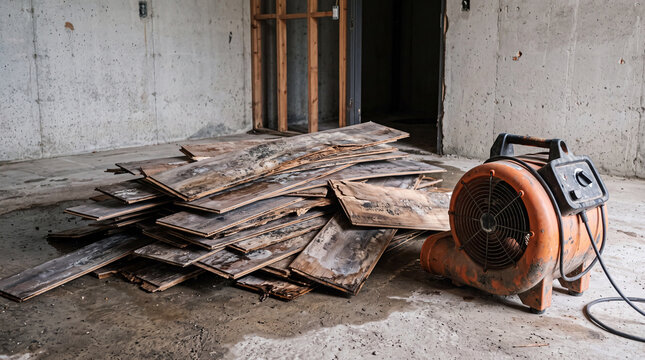 Water damaged wooden planks pile with an industrial floor dryer blower fan.
