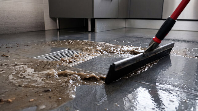 A rubber floor squeegee cleaning dirty water and debris on a commercial floor.