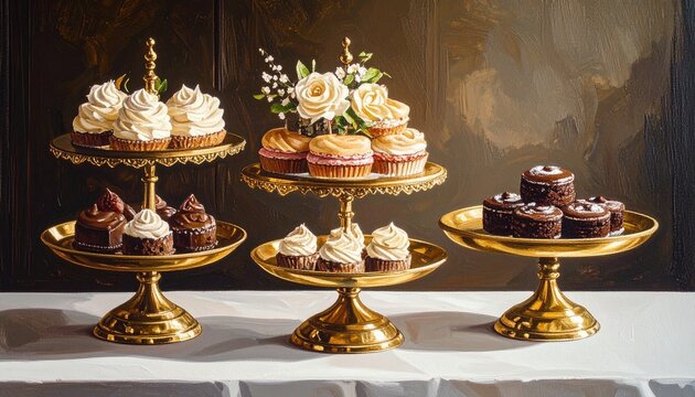 Elegant tiered wedding dessert display with flowers.