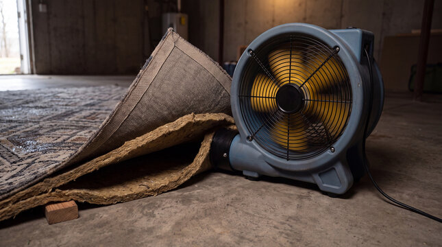 Industrial Air Mover Drying Wet Flooring After Water Damage Restoration.