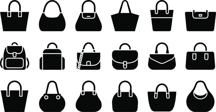 Female handbag and purse icon set featuring black solid glyph silhouettes for women fashion bags accessories