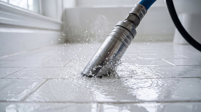 Industrial power washing tool cleaning white ceramic tiled floor surface.