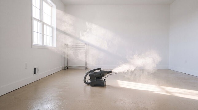 Professional Electric Fogging Machine Spraying Disinfectant Mist in Empty Room.