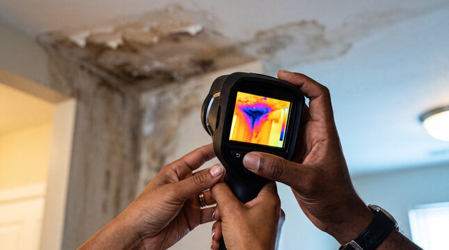 Professional inspector using thermal imaging camera to detect water damage on a residential ceiling.