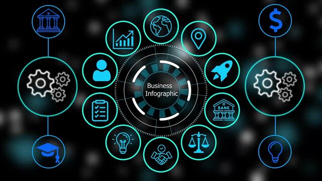 Digital interface with glowing blue representing business and technology processes arranged in a circular pattern on a dark background