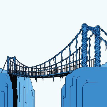 A stylized suspension bridge spans a deep chasm in blue tones