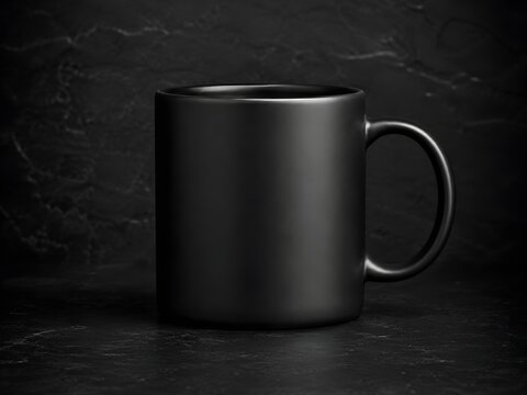 Blank black coffee mug mockup isolated on a dark textured background wall.