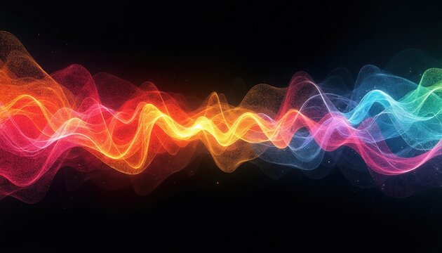 Abstract glowing waves in rainbow colors on dark background. Particles create vibrant sound rhythm lines. Digital art visualizes audio energy and music.