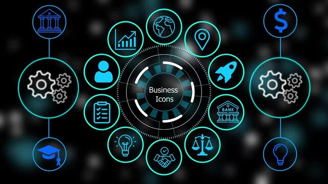 Digital interface with glowing blue representing business and technology processes arranged in a circular pattern on a dark background