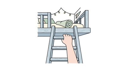 Hand climbing ladder to cozy loft bed with string lights © Kalau