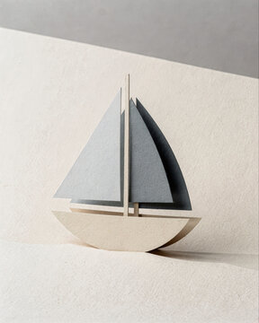 Paper Craft Sailboat Sculpture on Textured Beige Background