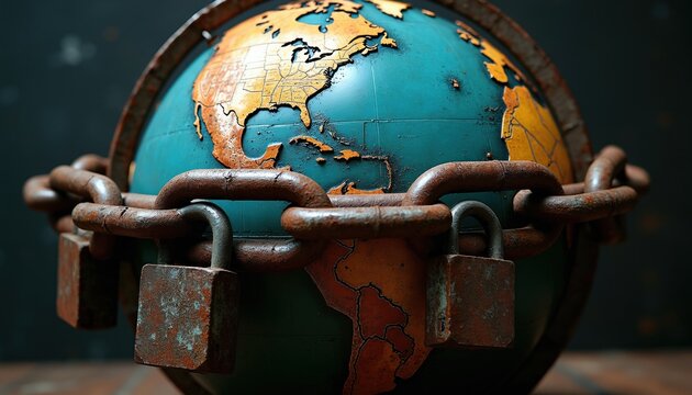 Blue, orange earth globe wrapped in heavy metal rusty chains with padlocks. Planet tied by iron links international trade restrictions, economic isolation. World map locked with security locks