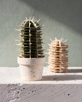 Handcrafted Layered Paper Cactus Sculptures in Ceramic Pot