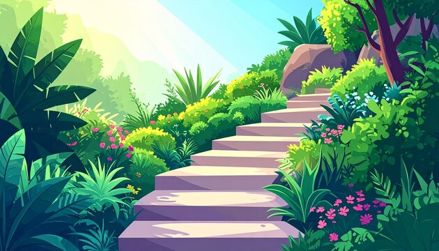 Tropical garden pathway with vibrant flowers and lush foliage.