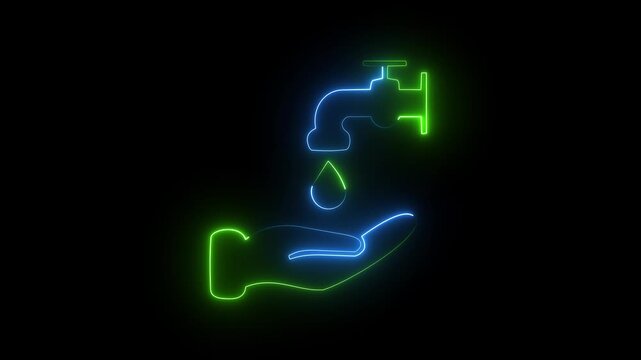 Green and blue neon hand washing icon with faucet water drop on black background.