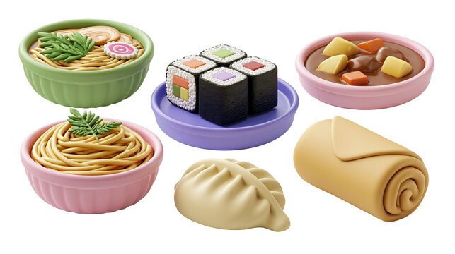 Delicious world cuisine icon set with ramen bowl sushi roll curry bowl noodle bowl dumpling and spring roll isolated on transparent background for oriental restaurant design
