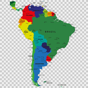 Colorful political map of South America with countries, capitals and major cities on transparent background.