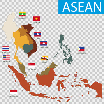Colorful ASEAN political map with member countries and national flags isolated on transparent background.