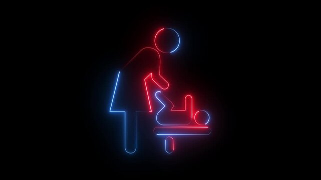 Red and blue neon baby changing station icon glowing diaper room symbol mother infant care on black background.