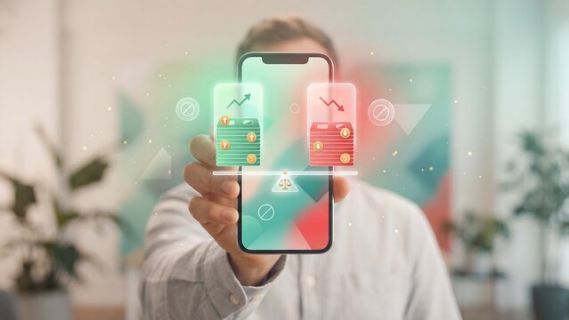 Profit and loss comparison for financial investment risk balance concept. Man hand holding smartphone with green growth arrow, red decline money stack and scale icon for stock market analysis