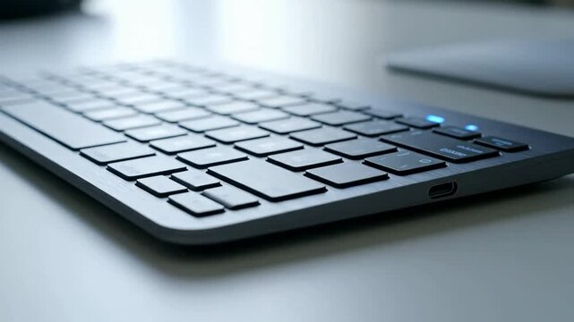Modern wireless keyboard close-up with glowing led indicators on sleek office desk for technology and business computing concepts