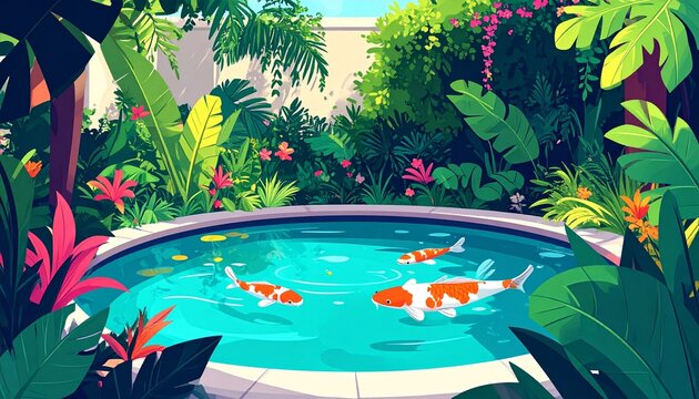 Tropical paradise with vibrant koi pond and lush greenery.