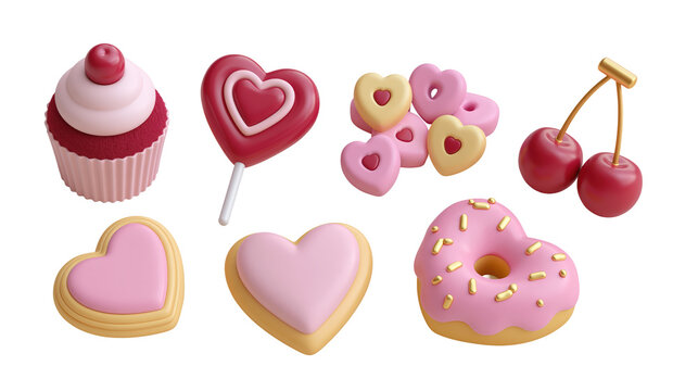 Lovely valentine dessert icon collection with red velvet cupcake swirl lollipop mini heart cookies cherries and sprinkle heart donut isolated on transparent background for romantic party