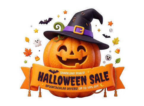 Cute cartoon halloween sale banner with pumpkin wearing a witch hat isolated on transparent background