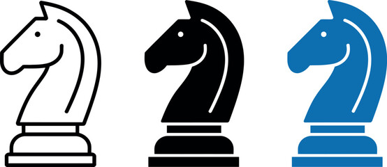Collection of three chess knight pieces in different styles and colors including outline solid black and blue © md manik hossain