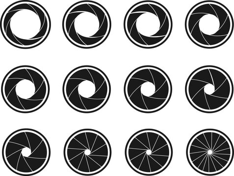 Camera aperture icons collection diverse designs for photography and visual communication projects
