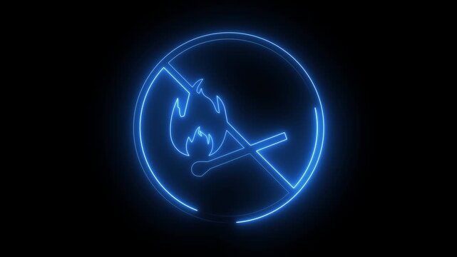 Blue neon no fire prohibition icon glowing forbidden open flame match sign on black background.