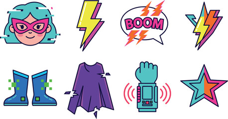 Pop Art Superhero Icon Set with Glitch Heroine Character, Lightning Bolts, Boom Text Speech Bubble, Boots, Cape, and Tech Bracer Vectors © Honey!