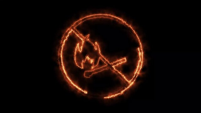 Fiery no fire prohibition icon glowing forbidden open flame match sign on black background.