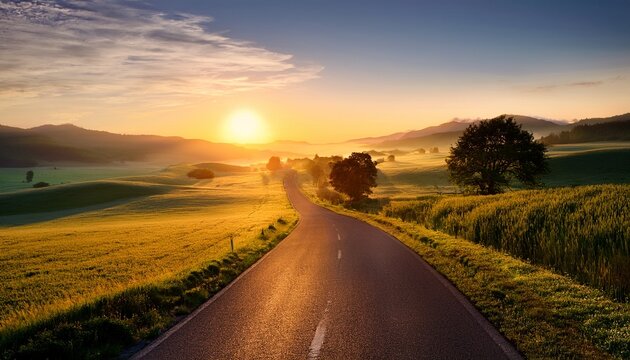 A Serene Sunrise Over An Open Road Surrounded By Lush Fields Inviting Exploration And Adventure In Nature S Beauty