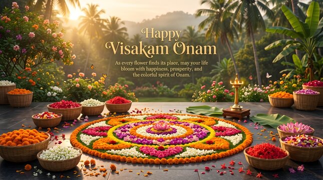 Happy visakam onam celebration greeting with traditional pookalam flower rangoli