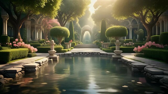 Classical fantasy garden with reflecting pool and warm sunlight