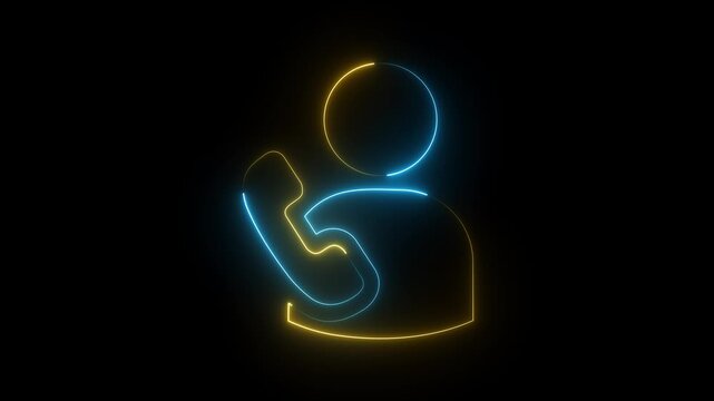 Blue and yellow neon phone support icon on black, glowing customer service avatar animation.