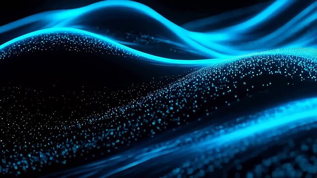 Flowing blue digital waves in dark void