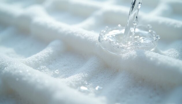 Clear water streams onto white porous foam filter membrane surface. Liquid flows through absorbent material structure in macro view. Fresh drops splash on soft textured sponge layer during industrial